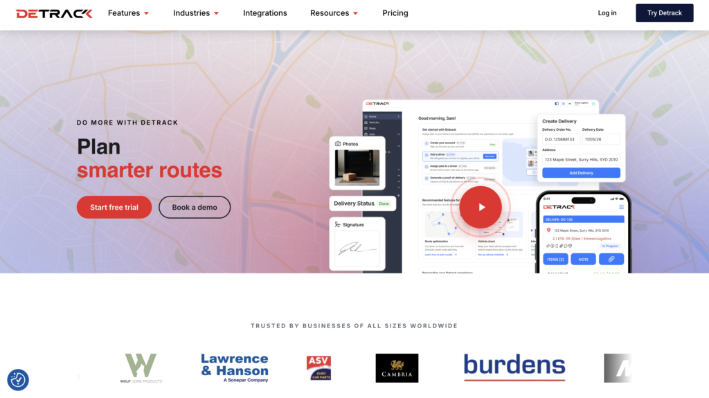 Detrack homepage screenshot with route planning tools, demo and trial buttons, map background, and distributor logos. Main text: “Plan smarter routes.”.