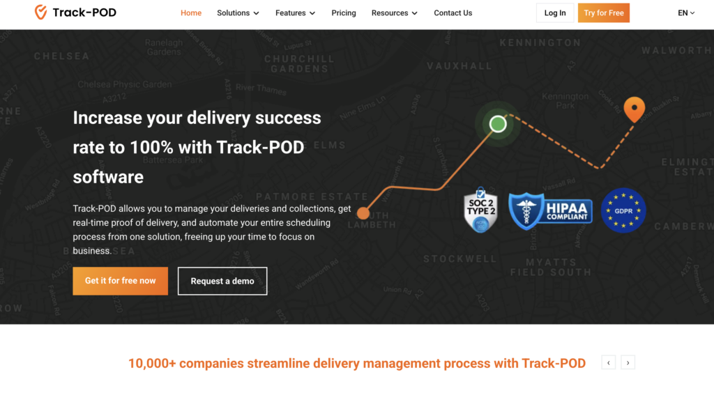 Track-POD software homepage with delivery route graphic, SOC 2, HIPAA, GDPR badges, and Get it for free or Request a demo buttons.