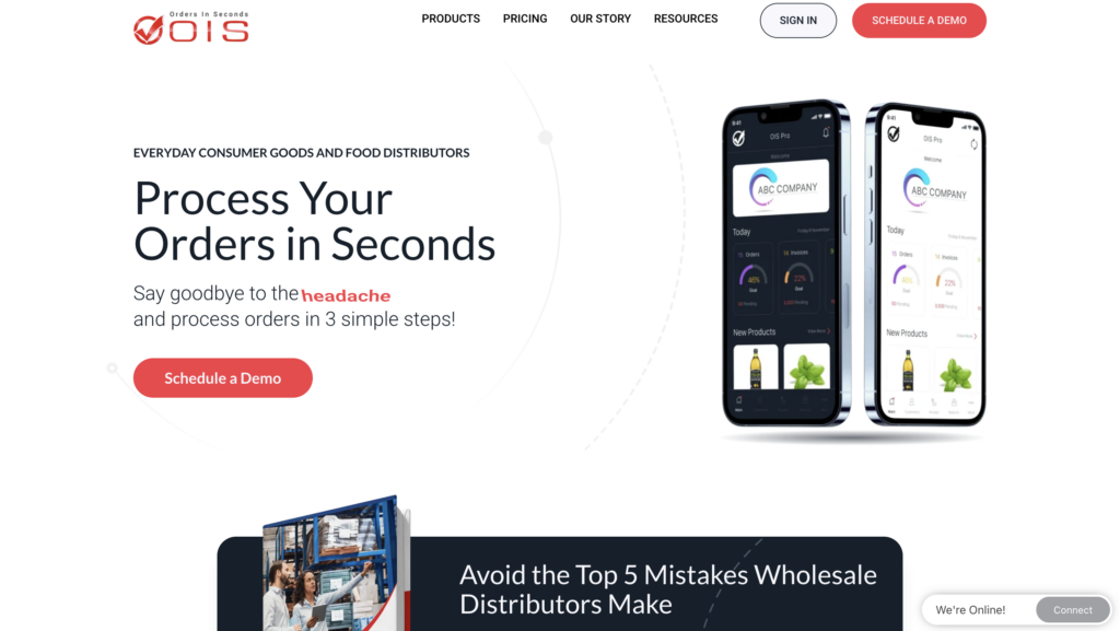 OIS homepage displaying a headline, demo and sign-in buttons, and two smartphones highlighting Proof of Delivery Apps for distributors.