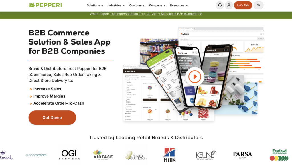 Pepperi homepage featuring a B2B sales app for distributors, showcasing order features, device screenshots, and retail brand logos.