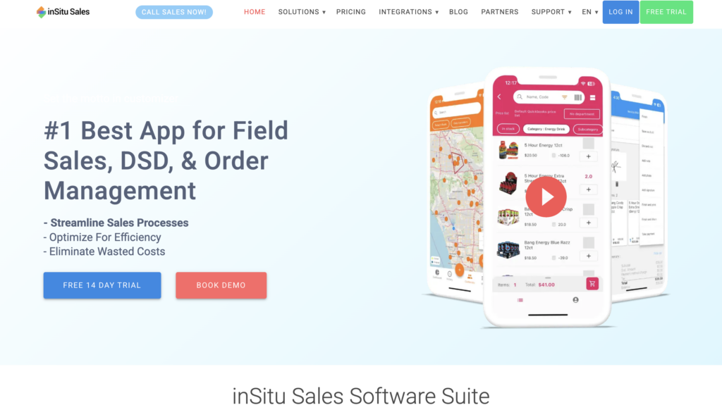 InSitu Sales homepage screenshot with headline for field sales app, distributor benefits, demo/free trial buttons, and map with app images.