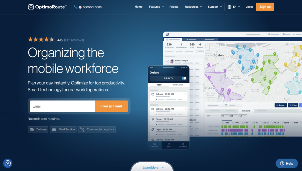 OptimoRoute homepage screenshot with sidebar, 4.6-star rating, delivery team headline, free account button, and map of delivery routes.