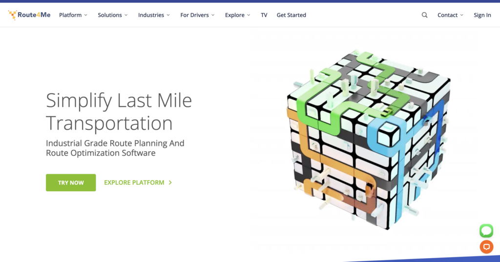 Route4Me homepage shows a vibrant 3D maze-like cube, highlights delivery route planning software, green TRY NOW button, top menu.