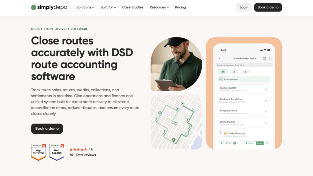 Man with tablet stands next to phone displaying delivery routes map, showcasing DSD route accounting software. Book a demo button below.