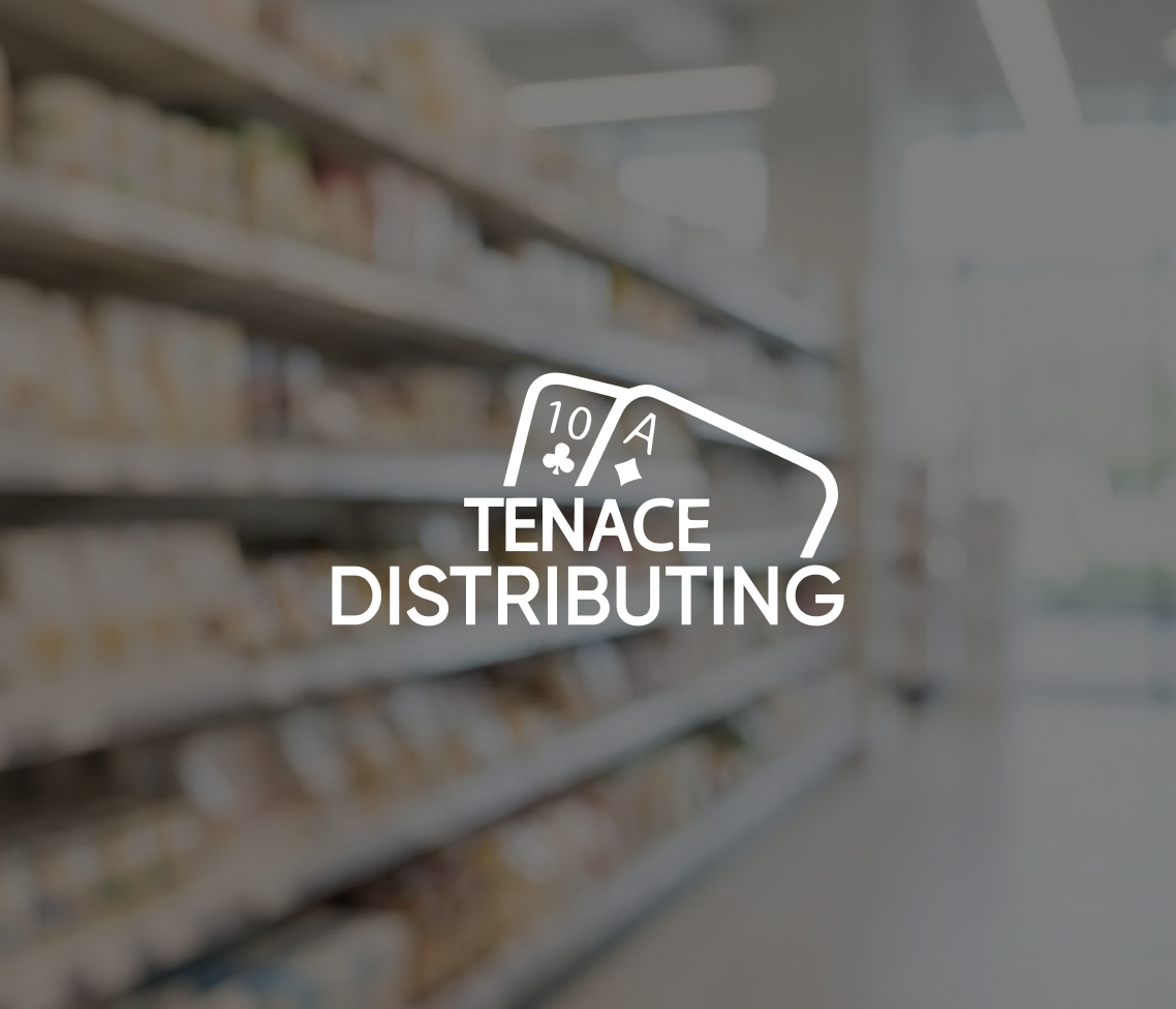 A fully stocked supermarket aisle with blurred shelves, featuring the Tenace Distributing logo and two playing cards (10, Ace of clubs).