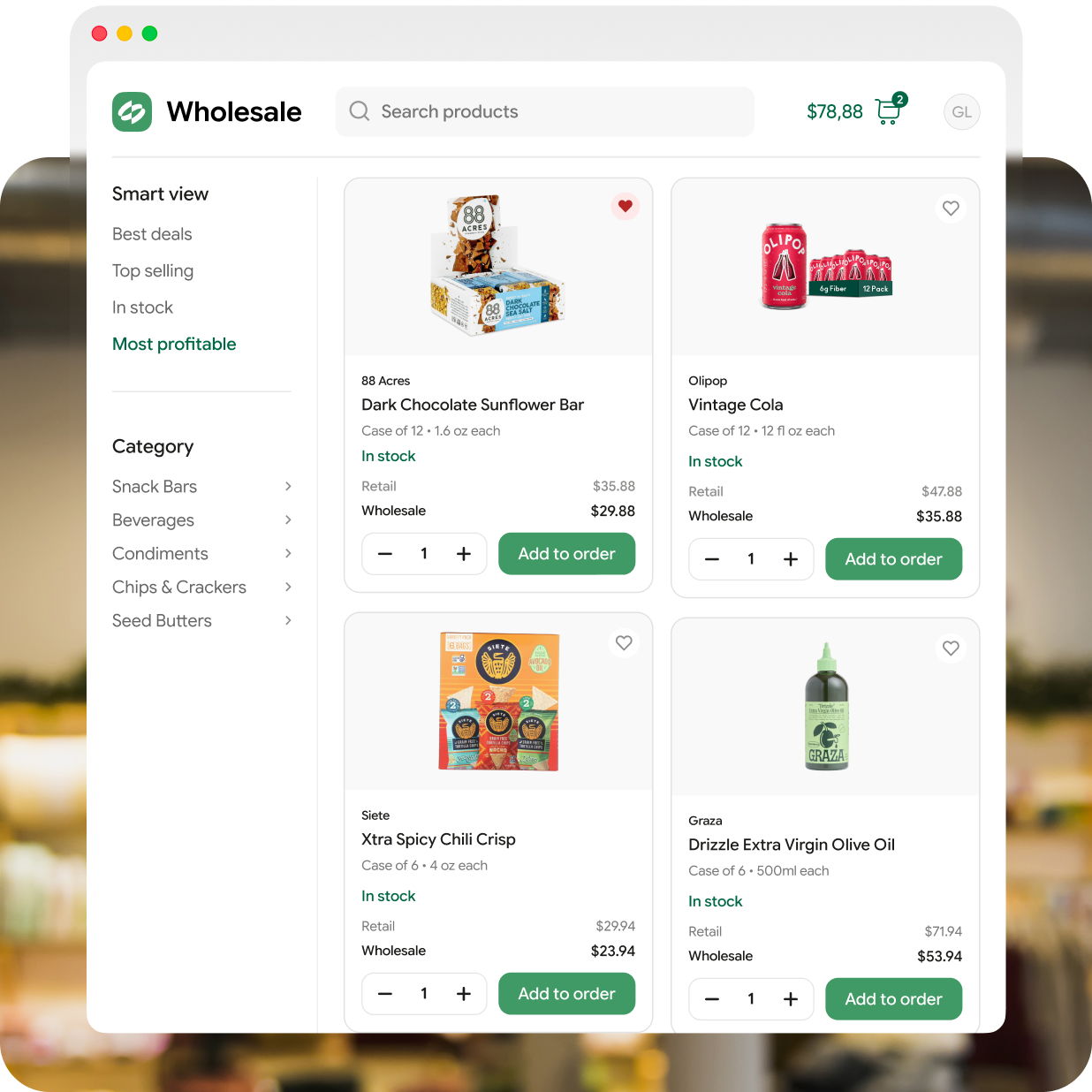 The Front Page V3 interface of a wholesale online store showcases a user-friendly layout, with product categories neatly listed on the left side. On the right, four featured products are displayed, each accompanied by clear images, pricing details, and prominent "Add to order" buttons for quick purchasing. The top navigation bar includes an easy-to-use search field, a cart icon for tracking orders, and a visible balance display to streamline shopping and enhance usability.