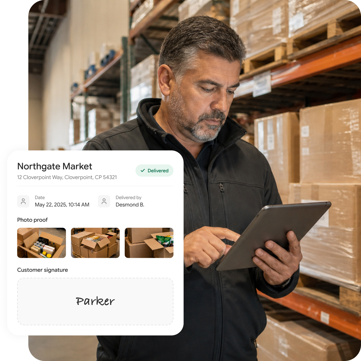 Inside a warehouse, a man reviews information on a tablet running a CPG sales platform. The screen displays an overlay featuring delivery confirmation details for Northgate Market, including photos of delivered packages and a customer signature identified as Parker.