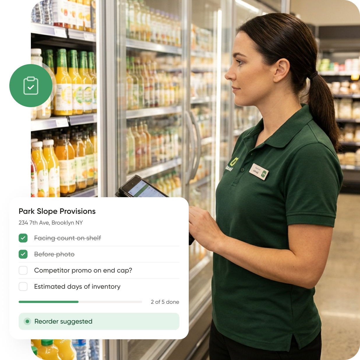 A woman wearing a green shirt stands in a grocery store aisle, using a tablet. Next to her, an electronic display provides real-time inventory updates and reorder suggestions for shelves stocked with bottled drinks, highlighting the cutting-edge V3 features promoted on the Front Page of retail technology solutions.