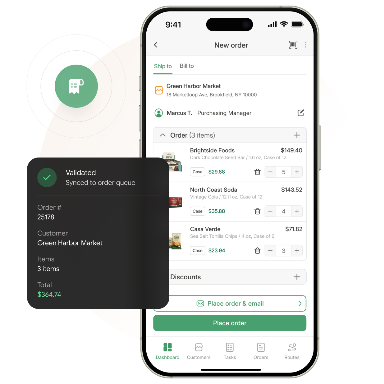 Distribution rep taking a mobile order in a store aisle on top of QuickBooks