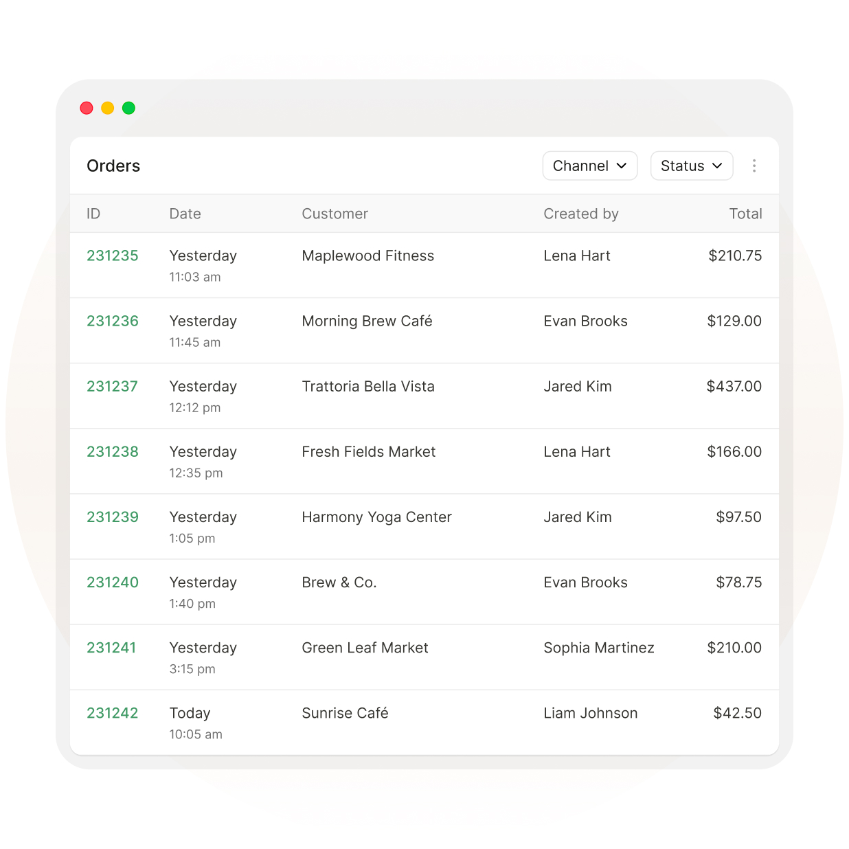 A smartphone screen shows a detailed new order page for Green Harbor Market, highlighting item information. A pop-up message confirms the order is validated and lists the total price of $364.74 for three items. Navigation icons for the shopping app appear at the bottom of the screen.