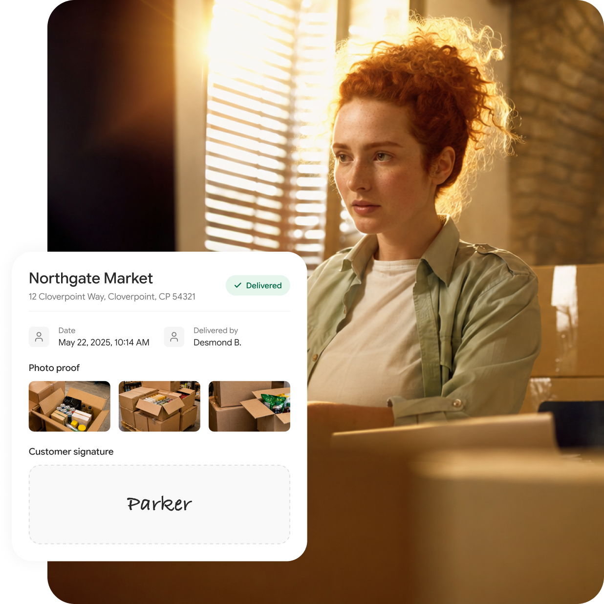 A red-haired woman sits at her desk, intently viewing a computer screen bathed in natural sunlight from window blinds. Displayed prominently on the Front Page V3 interface is a delivery confirmation, showcasing clear photos of packages, detailed delivery information, and a customer signature labeled “Parker.”.