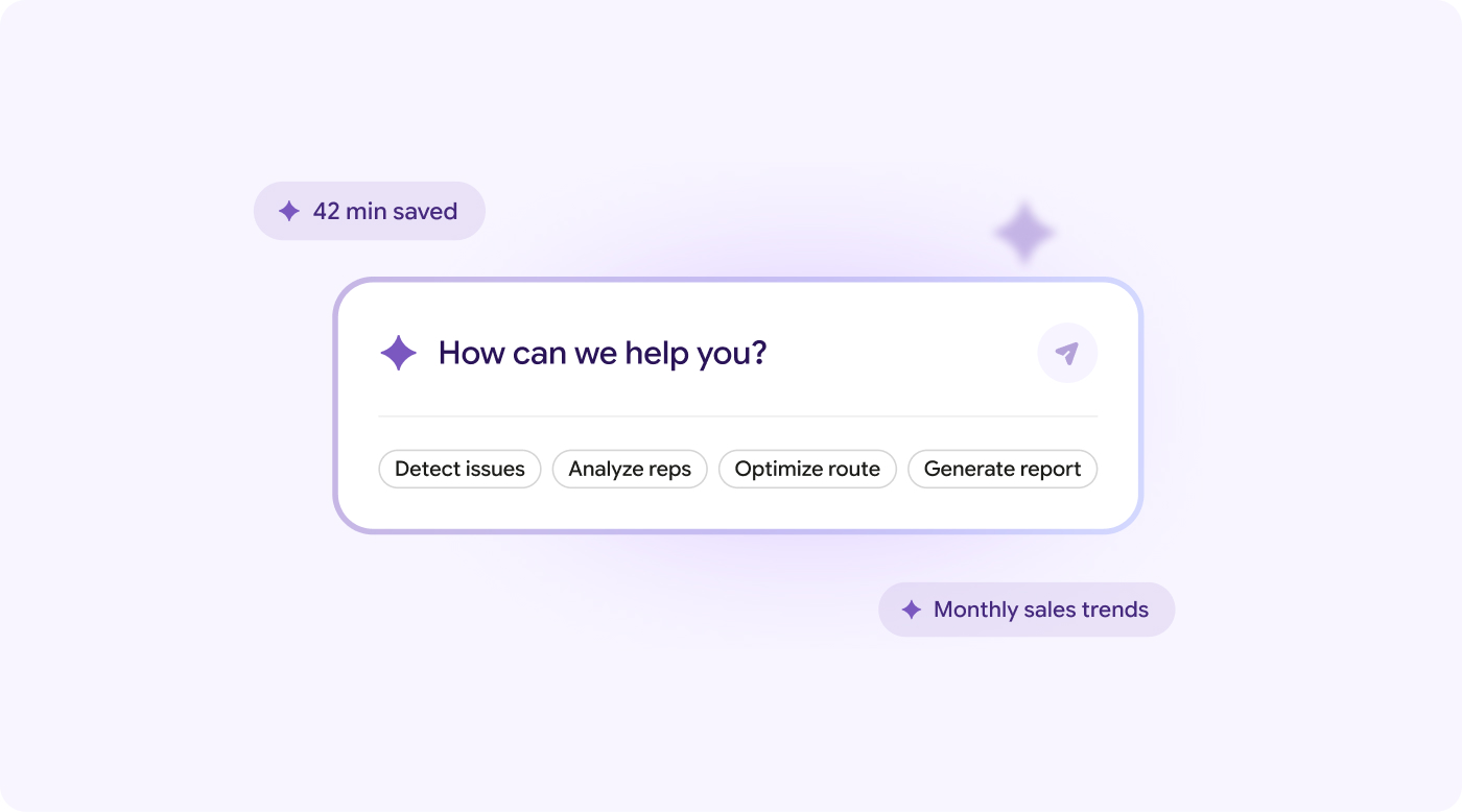 A modern CPG sales platform dashboard displays a friendly prompt, “How can we help you?” with interactive options including Detect Issues, Analyze Reps, Optimize Route, and Generate Report. The interface highlights productivity by showing 42 minutes saved and visualizes Monthly Sales Trends—all presented on a clean, light-colored background for easy viewing.