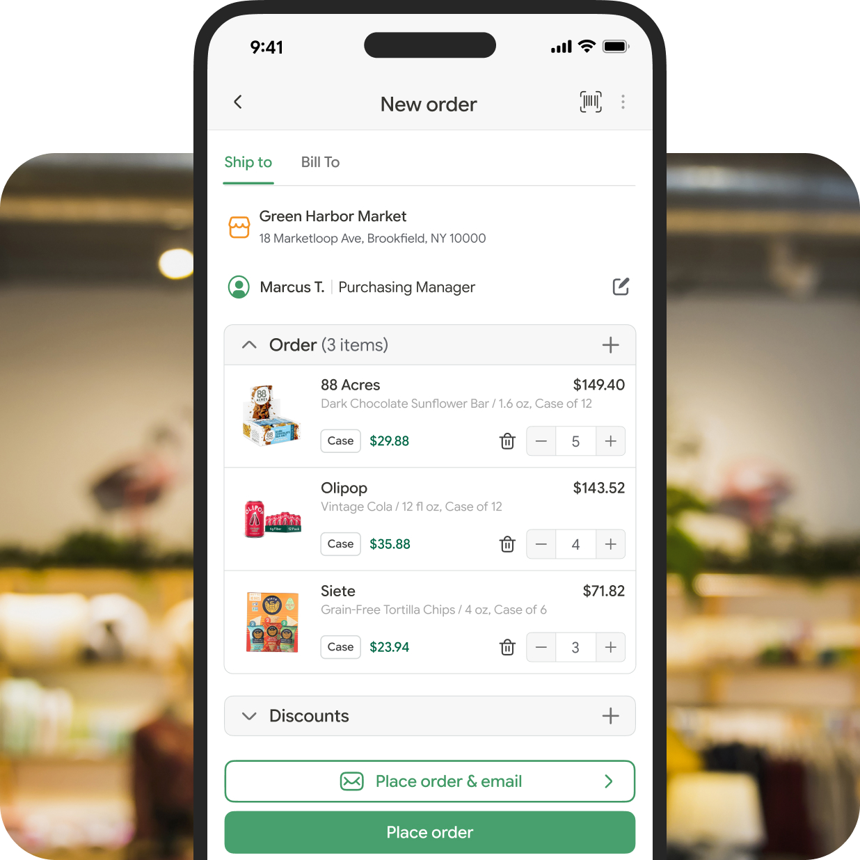 A smartphone screen shows a detailed new order page for Green Harbor Market, highlighting item information. A pop-up message confirms the order is validated and lists the total price of $364.74 for three items. Navigation icons for the shopping app appear at the bottom of the screen.
