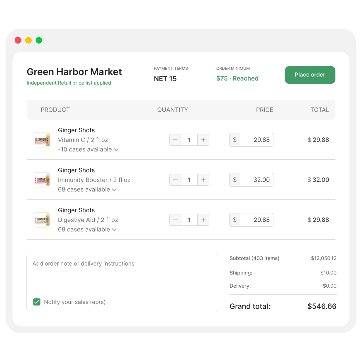 Account-specific price list displayed in the buyer portal
